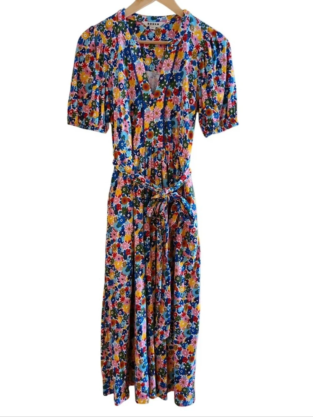 Boden Sofia Trim Jersey Midi Dress Floral Pink Multicolor Belred Waist Pockets - Picture 3 of 16